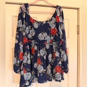 Torrid Navy Floral blouse with Red Accents 3x